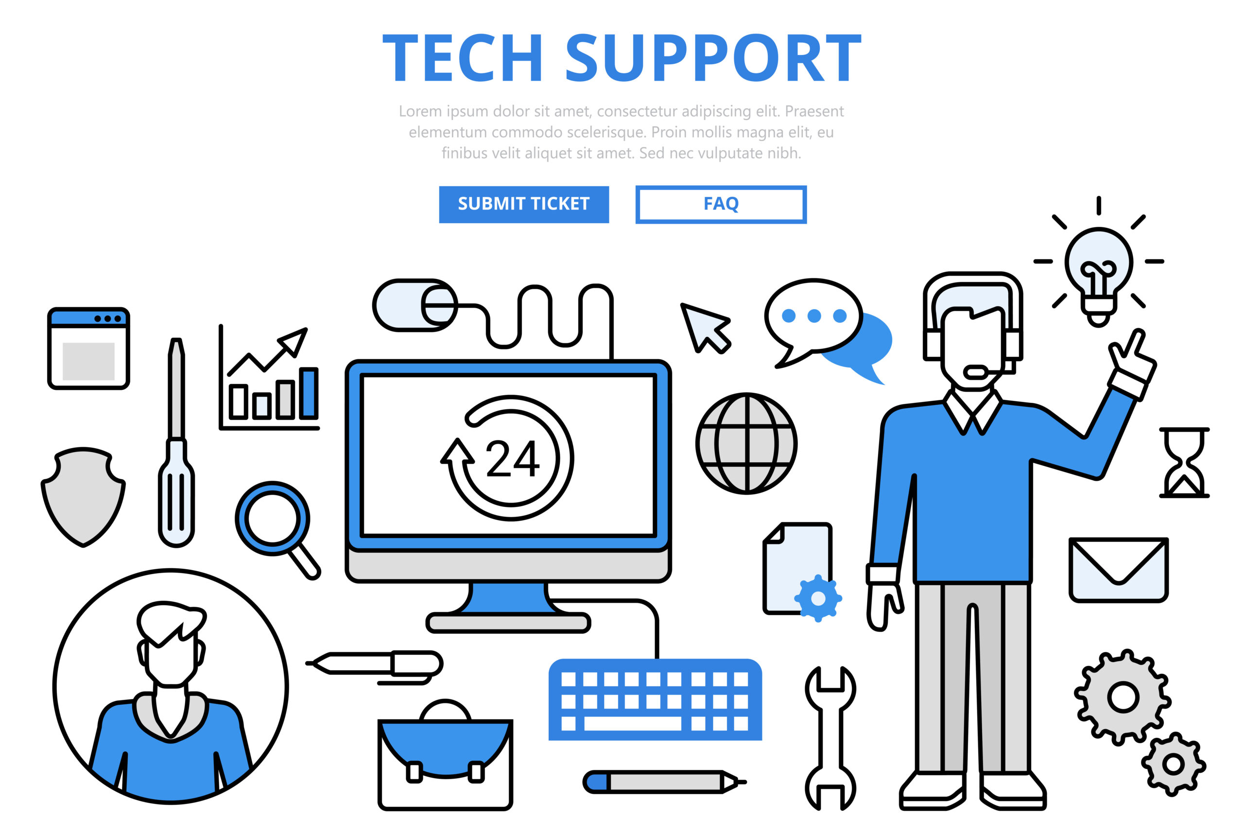 Technical support customer tech hotline concept flat line art vector icons. Modern website infographics illustration hero image web banner printed material. Creative lineart collection.